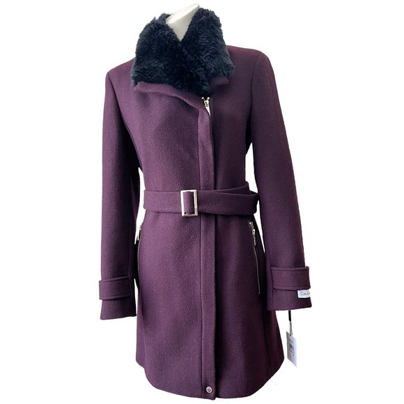 NEW! Calvin Klein Faux-Fur-Trim Asymmetrical Wool Belted Coat Burgundy, Size 6 - Picture 1 of 16